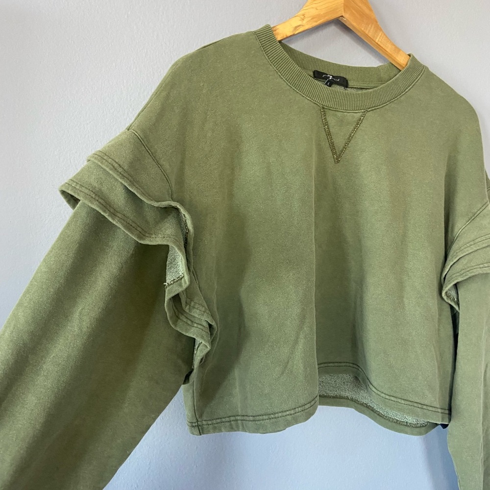 🛑SOLD 7 for All Mankind Army Green Ruffle Sleeve Cropped Sweatshirt - Picture 3 of 6